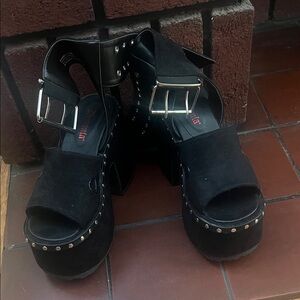 Demonia Black Platform Sandals with Silver Accents